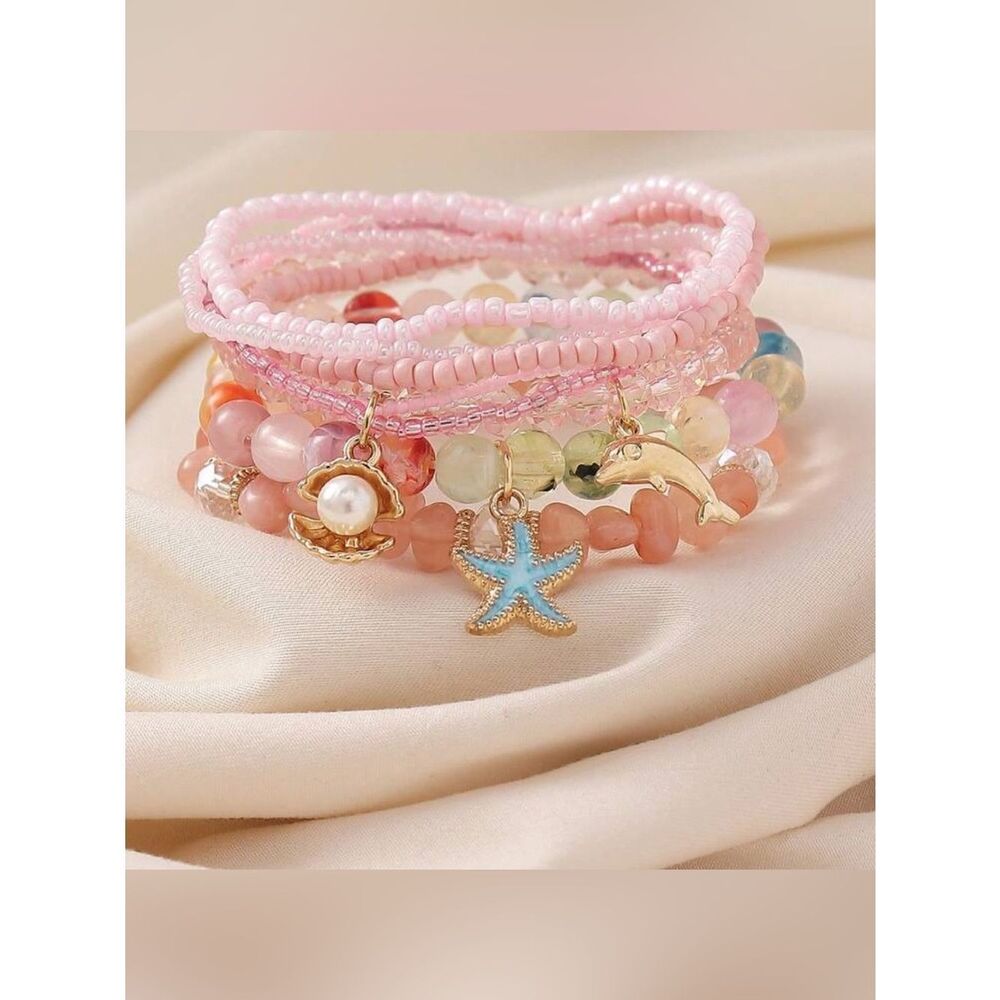 Pink Beaded Charm Bracelet Stack set A1668 - Picture 2 of 3